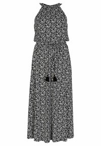 Robe maxi noir et blanc avec un col halter, un buste froncé, une taille élastique et des accents à pompons, présentant un motif géométrique.