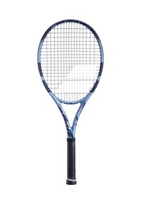 Blå og sort tennisracket med sort greb og "Babolat" logo på håndtaget, fotograferet mod hvid baggrund.