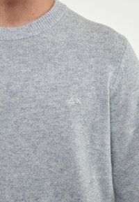 Maglione lavorato a maglia di colore azzurro chiaro con scollatura tonda, caratterizzato da una sottile texture e un piccolo logo bianco ricamato nella parte sinistra del petto.