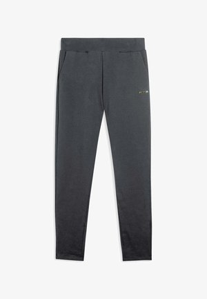Pantalon de survêtement gris foncé en tissu doux, avec une coupe ajustée, deux poches latérales et un petit logo doré sur le devant.