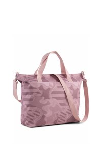 Sac fourre-tout rose en tissu texturé, doté d'une finition lisse, de deux anses de transport et d'un motif à rayures diagonales.