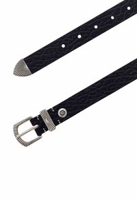 Black textured leather belt with a silver metal buckle, featuring a detailed design and pointed tip. Includes five adjustment holes.