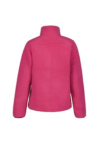 Roze fleecejack met een hoge kraag, textuurstof en lange mouwen. Dit jack heeft een eenvoudig, effen ontwerp zonder zichtbare hardware of accenten.