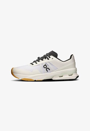 White athletic shoe with a lightweight design, featuring a mesh upper, black accents, and a rubber sole with a noticeable grip pattern.