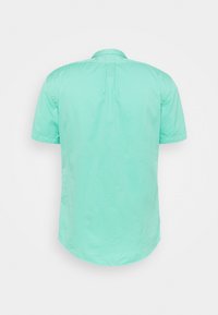 Kraťasová košile v světlém mátovém odstínu, vyrobená z hladké látky, s límečkem a detailem záhybu na zadní straně. Zaoblený lem.