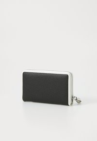 Black leather wallet with a textured finish, featuring a white zip and silver hardware. Rectangular shape with rounded edges.