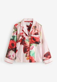 Zijden pyjamabot met bloemenpatroon met rode en roze rozen, een kraag met rode bies, lange mouwen en een borstzak met een knoopsluiting.