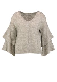 Pull en maille gris clair avec col en V, manches évasées en forme de cloche et texture torsadée. Design court avec ourlet côtelé.