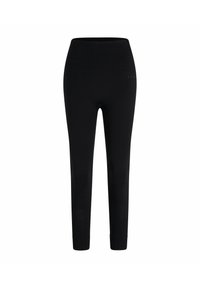 Leggings neri con un alto waistband, realizzati in tessuto elasticizzato. Texture liscia con un delicato accento del logo vicino al waistband. Design aderente.