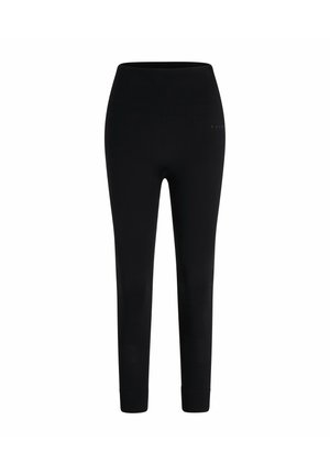 Black leggings with a high waistband, made of stretchy fabric. Smooth texture with a subtle logo accent near the waistband. Fitted design.