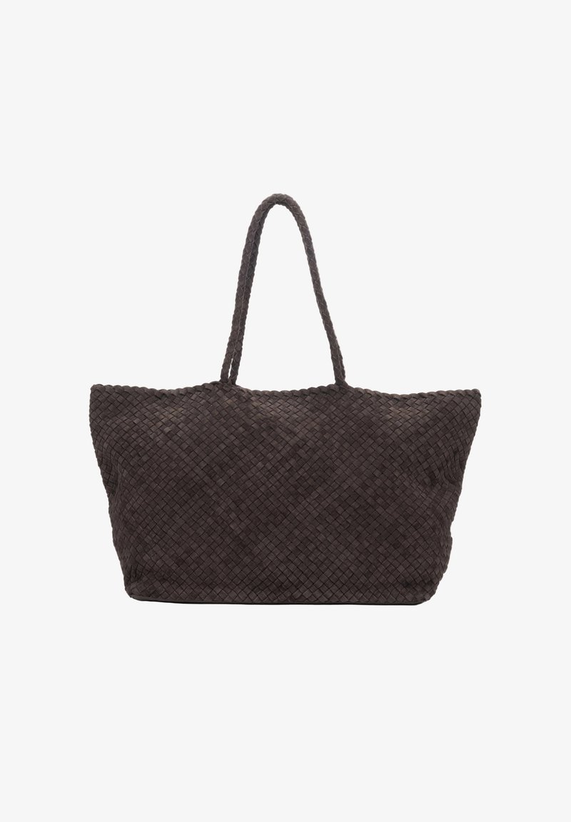 Large dark brown woven leather tote bag with two long handles and a soft, textured surface.