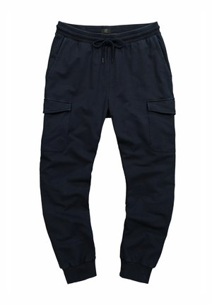 Pantaloni cargo blu navy con vita elastica, cordoncino regolabile e due tasche laterali con pattina. Fondo elasticizzato. Tessuto in misto cotone.