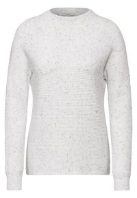 Pull en maille texturée, gris clair, avec un col rond. Présente un motif côtelé et des détails à pois sur l'ensemble. Manches longues avec des poignets ajustés.