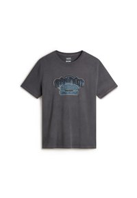 Dark gray cotton t-shirt with crew neck, featuring a blue graphic print reading "OFF THE WALL" and a vintage design. Short sleeves.
