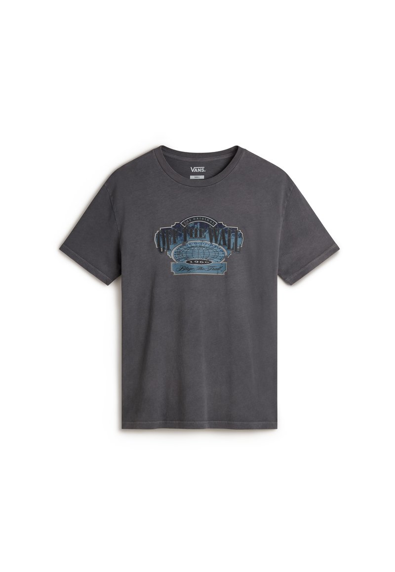Dark gray cotton t-shirt with crew neck, featuring a blue graphic print reading "OFF THE WALL" and a vintage design. Short sleeves.