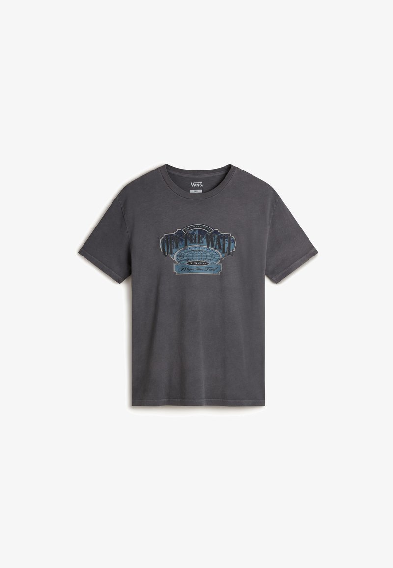 Donkergrijze katoenen T-shirt met ronde hals, met een blauwe grafische print met de tekst "OFF THE WALL" en een vintage ontwerp. Korte mouwen.