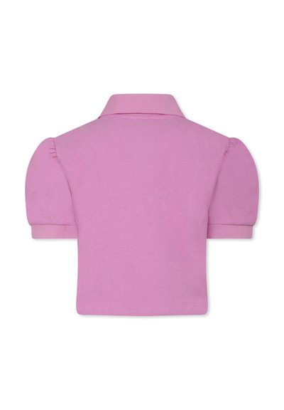 Polo shirt rosa a maniche corte con colletto, realizzato in cotone testurizzato e con maniche a palloncino, caratterizzato da un colore uniforme senza fantasie.