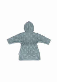Peignoir de bain à capuche bleu clair en tissu texturé, avec un motif de petits motifs clairs et une taille cintrée.