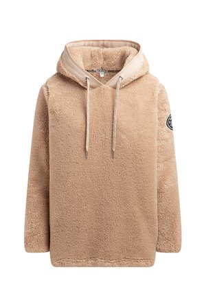 Beige Fleece-Kapuzenpullover mit strukturierter Oberfläche, Kordelzug an der Kapuze und einem Aufnäher am Ärmel. Verfügt über lange Ärmel und eine locker sitzende Passform.