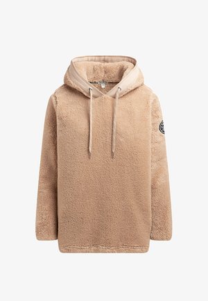 Beige Fleece-Kapuzenpullover mit strukturierter Oberfläche, Kordelzug an der Kapuze und einem Aufnäher am Ärmel. Verfügt über lange Ärmel und eine locker sitzende Passform.