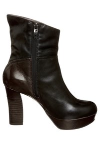 Czarny skórzany botek za kostkę o gładkiej strukturze, wyposażony w boczny zamek błyskawiczny i masywny obcas, uzupełniony podeszwą na platformie.