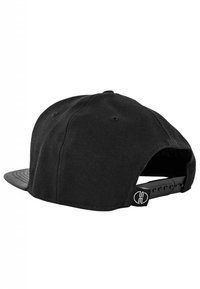 Black cap made of textured fabric with a curved brim. Features an adjustable strap and a logo tag on the back.
