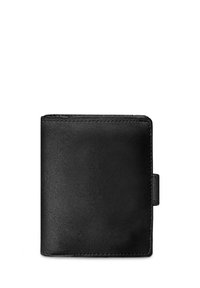 Black leather wallet with a smooth texture, compact rectangular shape, single button closure, and stitched edges. No visible logos or patterns.
