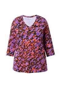 Mustat kolme-neljäsosa hihat -paita, jossa on monivärinen oranssi ja purppura muotojen kuvio; sisältää V-muotoisen kaula-aukon ja pehmeän kankaan.