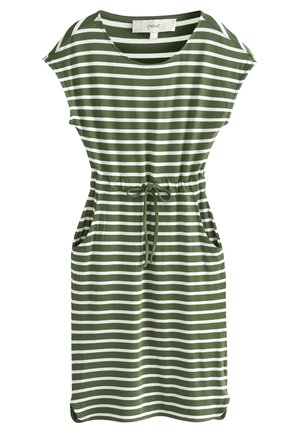 Green and white horizontal striped short-sleeve dress with round neckline, drawstring waist, and two front pockets.