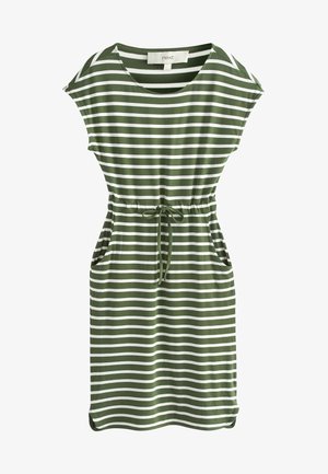 Robe à manches courtes à rayures horizontales vertes et blanches, col rond, taille avec cordon de serrage et deux poches avant.