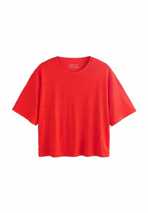 Rotes, kurzärmliges, locker sitzendes T-Shirt mit Rundhalsausschnitt, feiner horizontaler Struktur und geradem Saum.