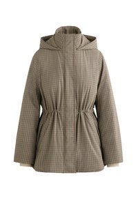 Bruin-zwarte geruite capuchonjas met getailleerde taille, lange mouwen en steekzakken aan de voorkant, afgebeeld op een witte achtergrond.