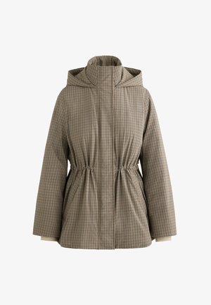 Brun og sort ternet hættetrøje med indsnævret talje, lange ærmer og forlommer, vist på hvid baggrund.