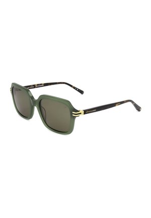 Occhiali da sole con montatura quadrata verde, lenti scure e aste nere con motivo tartaruga, con dettagli dorati e nome del marchio sulle aste.