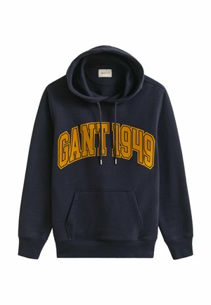 Navy Baumwoll-Hoodie mit großem gelben "GANT 1949" Logo auf der Vorderseite, verstellbaren Kordeln und einer frontalen Kängurutasche.