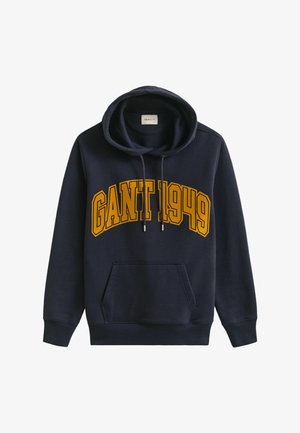Marineblauwe katoenen hoodie met een groot geel "GANT 1949" logo op de voorkant, verstelbare trekkoorden en een voorste kangoeroezak.