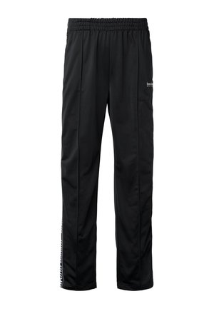 Zwarte sportbroek met elastische tailleband, rechte pijpen en een klein wit logotekstje op de bovenkant van de dij en aan de onderkant van de zijnaad.