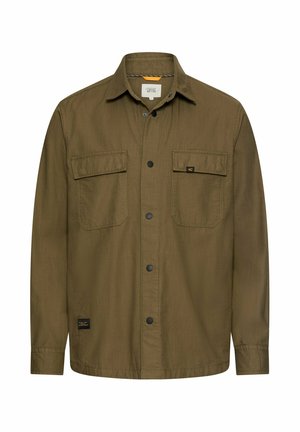 Brown long-sleeve button-up shirt with collar, two chest flap pockets, and black snap buttons down the front.