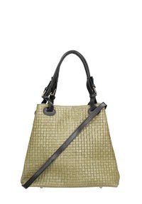 Borsa a tracolla verde intrecciata con superficie texturizzata, manici in pelle nera e tracolla regolabile. Caratterizzata da dettagli in argento e un design spazioso.