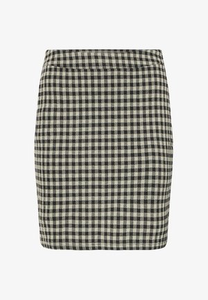 Mini spódnica w czarno-kremową kratę o dopasowanym kroju i gładkiej fakturze, z czystą talią i bez widocznych zapięć.