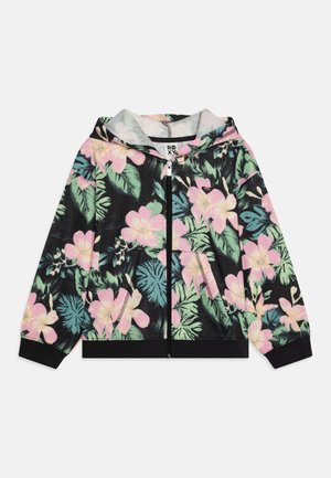 Blomstret zip-up hettegenser med svart bakgrunn, rosa og grønne tropiske blomster mønster, myk stoff og ribbede mansjetter og kant.