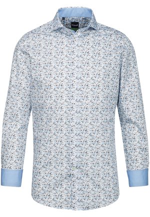 Helles blaues Hemd mit einem kleinen floralen Muster in Dunkelblau, Weiß und Braun. Verfügt über einen cutaway Kragen und kontrastierende hellblaue Manschetten.