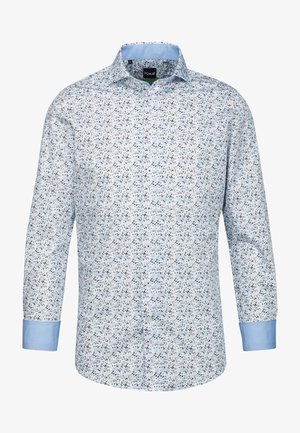 Camicia azzurra chiara con un piccolo motivo floreale in blu scuro, bianco e marrone. Presenta un collo tagliato e polsini azzurri chiari a contrasto.