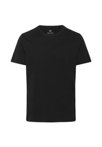 Sort kortærmet t-shirt lavet af bomuld. Klassisk crew neck-design med en glat tekstur og ingen synlige mønstre eller accenter.