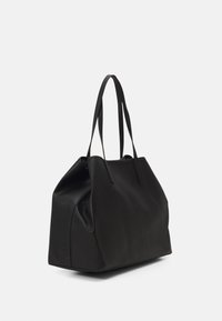 Black leather handbag with two long straps, featuring a structured shape and a slightly textured surface. Simple design with no visible hardware.