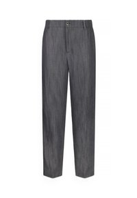 Pantaloni grigi a gamba diritta con un tessuto leggermente testurizzato, dotati di passanti per cintura e chiusura con bottone standard in vita.