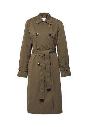 Khaki double-breasted trench coat with wide collar, belted waist, long sleeves with cuff straps, and black buttons.