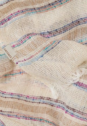 Beiger gewebter Schal mit bunten Streifen in Blau, Pink und Braun. Strukturierter Stoff mit Fransen an den Kanten und einem kleinen Etikett mit der Aufschrift "FATFACE".