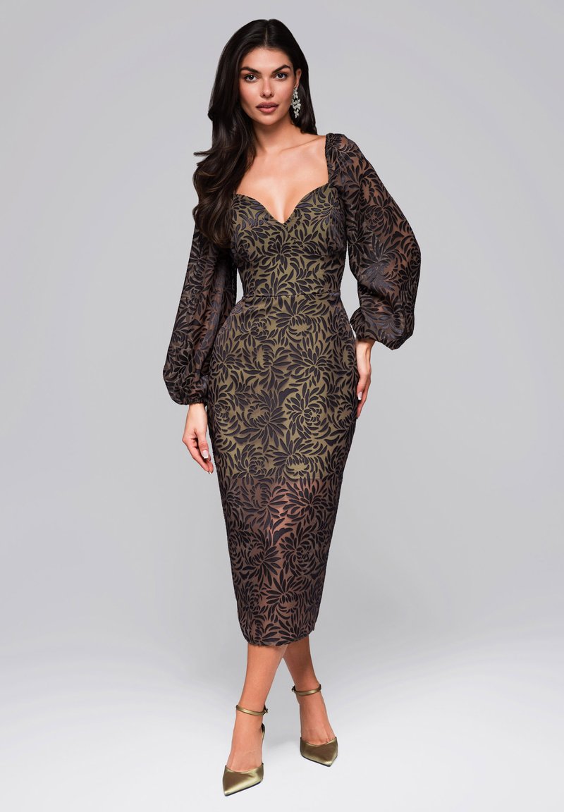 Schwarzes und olivgrünes blumengemustertes Kleid mit puffärmeligen, durchsichtigen Ärmeln, einer taillierten Silhouette und einem knielangen Saum.