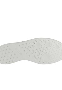 Sole di scarpa in gomma bianca con un motivo testurizzato di piccoli triangoli e cerchi, caratterizzata da un bordo liscio e da marchi distintivi.